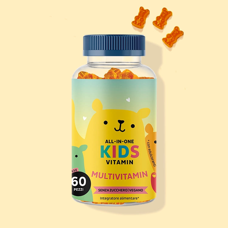 Una confezione degli orsetti gommosi All in One Kids Multivitamin per la crescita sana dei bambini. Da Bears with Benefits.
