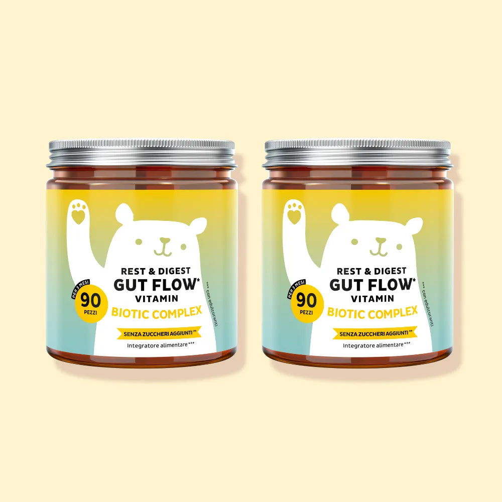 Bears with Benefits Rest & Digest Gut Flow Vitamin – Caramelle gommose con complesso biotico, Bacillus coagulans, inulina, bromelina e vitamina B6, pack da 2 barattoli da 90 pezzi, 180 totali, senza zuccheri aggiunti e vegane