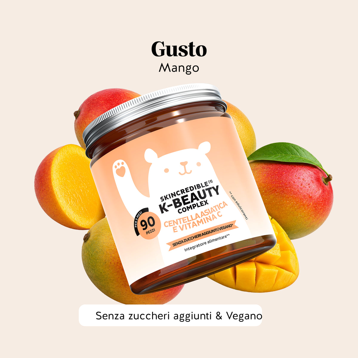 Bears with Benefits Skincredible K-Beauty Complex – Caramelle gommose vegane gusto mango con vitamina C, zinco e attivi K-Beauty, alternativa pratica e gustosa a capsule e compresse. Maxi formato con 90 caramelle gommose.