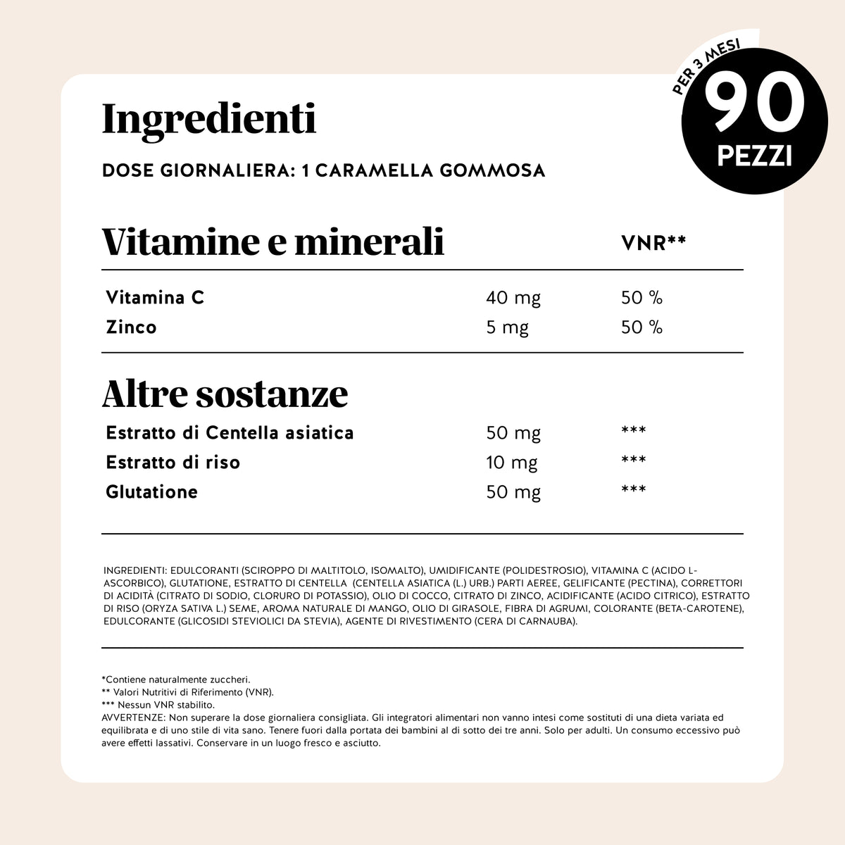 Bears with Benefits Skincredible K-Beauty Complex – Tabella completa con ingredienti attivi, vitamina C, zinco, glutatione, centella asiatica, estratto di riso e valori nutrizionali dettagliati delle caramelle gommose.