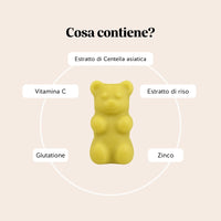 Bears with Benefits Skincredible K-Beauty Complex – Formula in caramelle gommose con vitamina C, zinco, glutatione, estratto di centella asiatica ed estratto di riso, ingredienti iconici della skincare coreana.