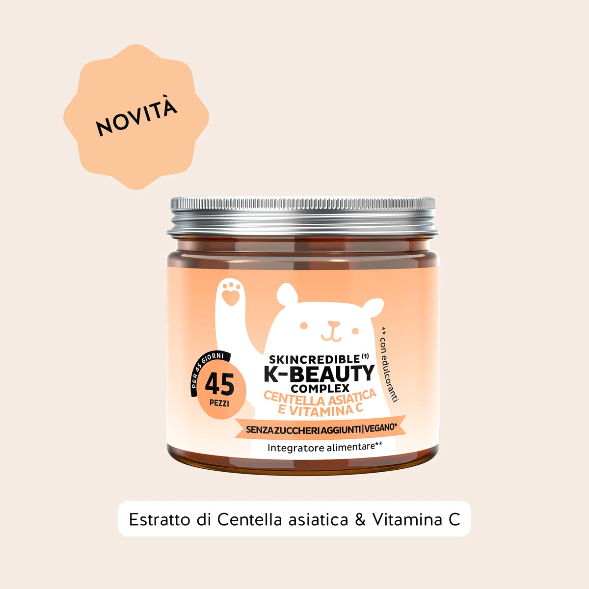 Bears with Benefits Skincredible K-Beauty Complex – Caramelle gommose con vitamina C e zinco per la normale formazione del collagene e la protezione delle cellule dallo stress ossidativo. Barattolo con 45 caramelle gommose gusto mango.