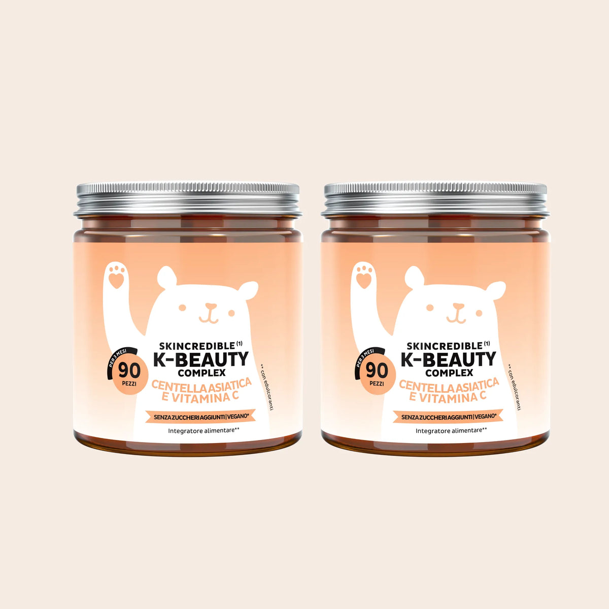 Bears with Benefits Skincredible K-Beauty Complex – Pack convenienza con 2 barattoli di caramelle gommose vegane con vitamina C, zinco e attivi K-Beauty. 180 caramelle gommose gusto mango per una cura prolungata della pelle.